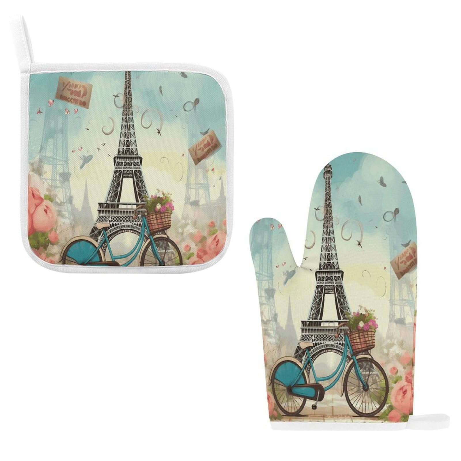 Eiffel Tower Bike Oven Mitts and Pot Holders Sets