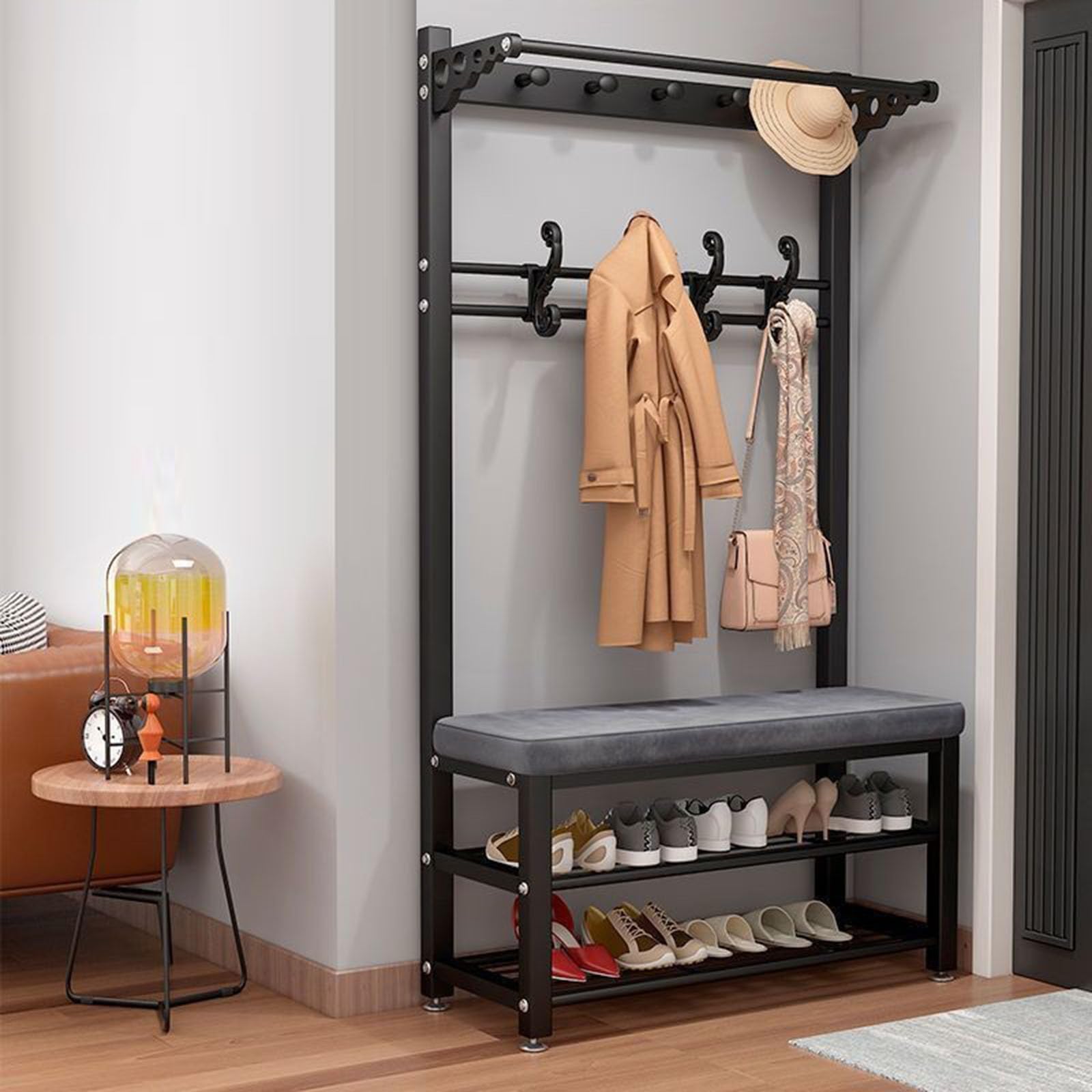 FGXHHS 4-in-1 Entryway Bench & Coat Rack, Hall Tree with Shoe 8 Hanger Hooks Storage Shelf for Hallway, Adjustable Width 60-100cm, Stylish Black