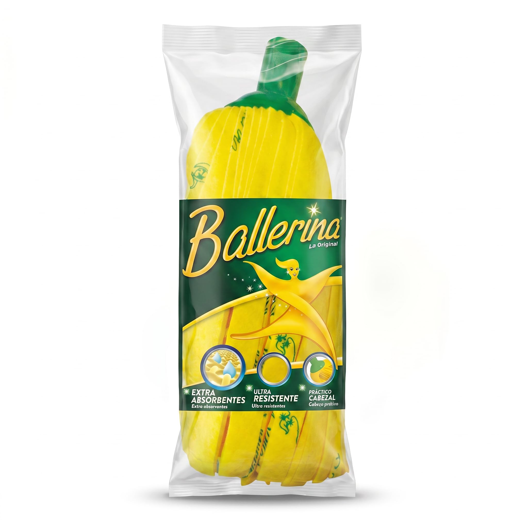 Ballerina Fregona Amarilla Original | Desde 1986 | Alta Absorción | Compatible Palos Estándar Rosca y Clip | Limpieza Higiénica | Pack 1 Unidad