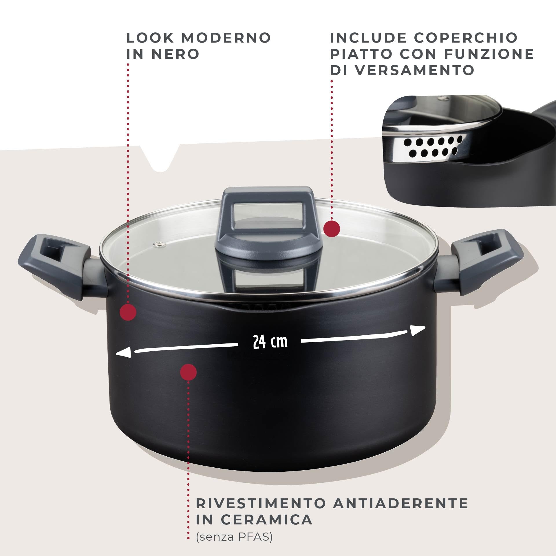 Fackelmann Pentola Casseruola Statement Ø 24 cm – con rivestimento in ceramica – Alluminio riciclato con rivestimento antiaderente – senza PFAS, manico resistente al calore, per tutti i piani cottura