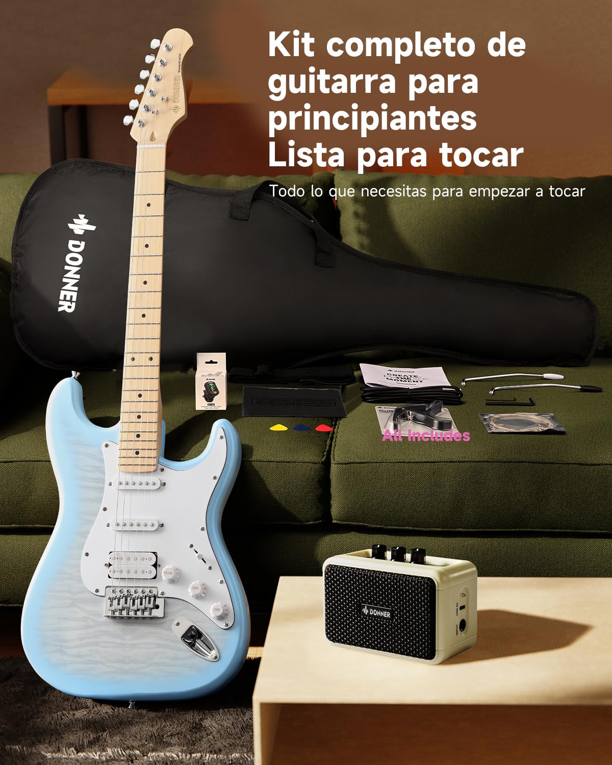 Donner DST-90 Guitarra Eléctrica 39 Pulgadas, Kit de Guitarra Eléctrica para Principiantes con Amplificador, Pastillas HSS, Funda, Afinador, Cejilla, Correa, Cuerdas, Cable y Púas, Plumbago Burst