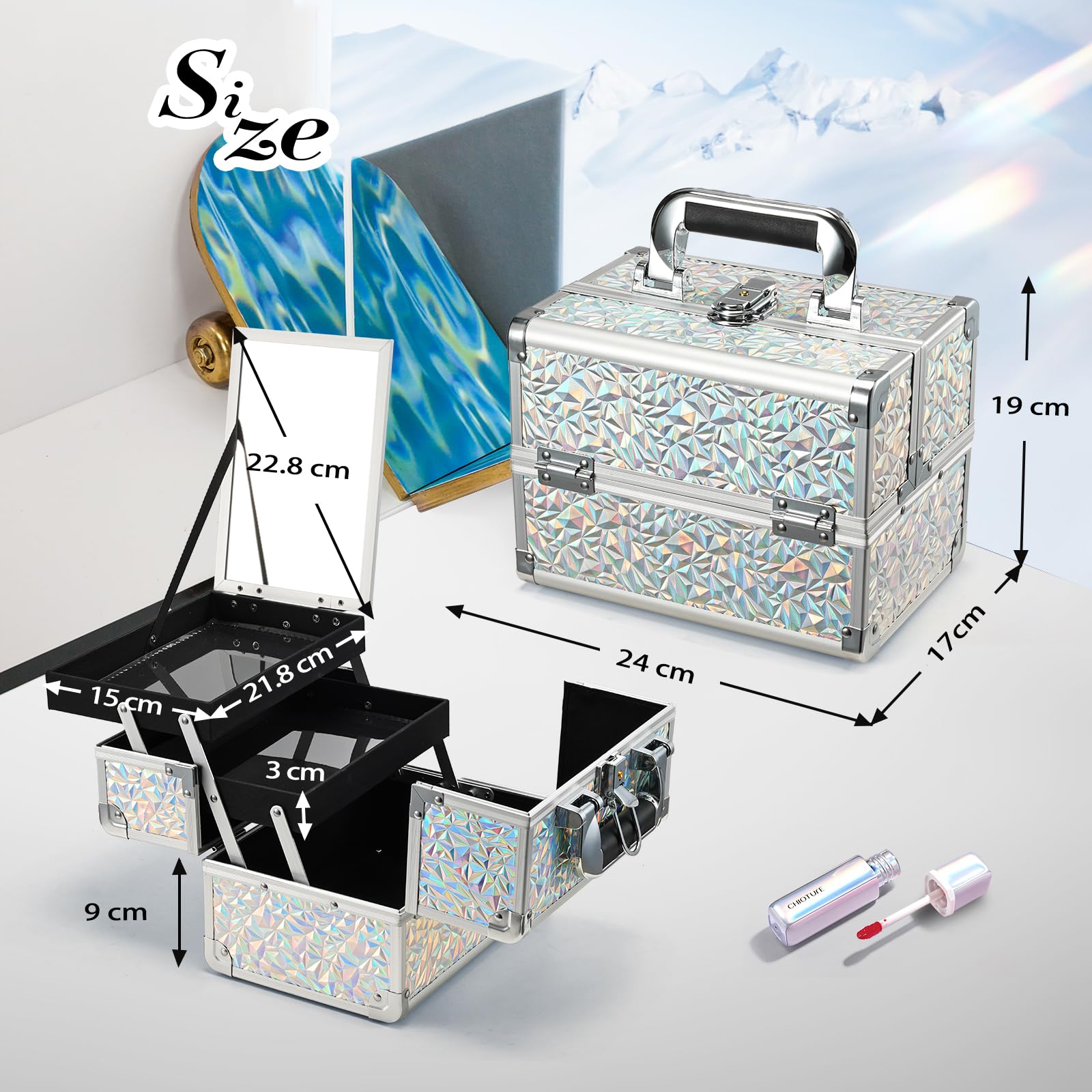 Joligrace Vanity Case - Scatola per trucchi e cosmetici, organizer per trucchi e gioielli, con specchio, chiudibile a chiave, Argento brillante, argento