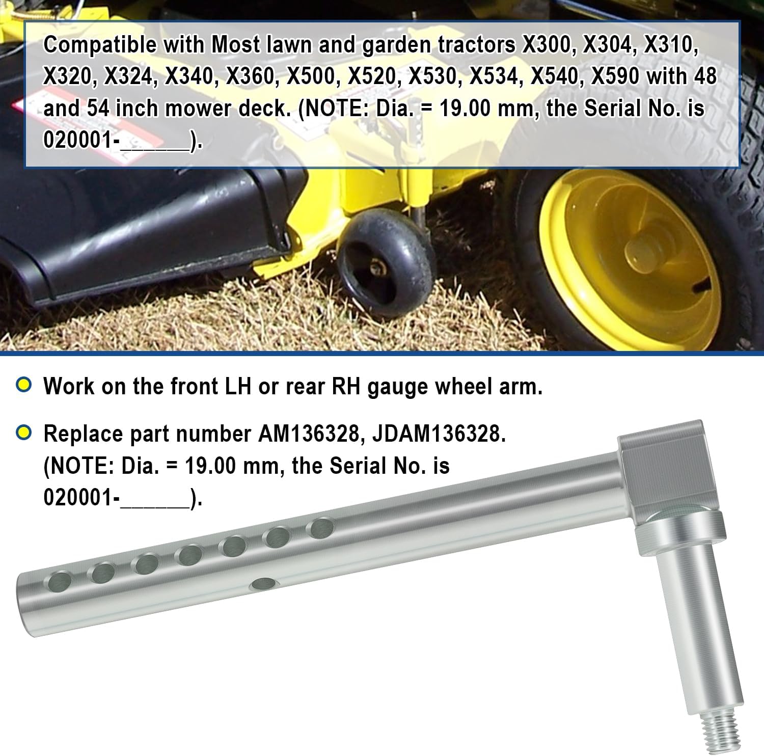 AM136328 Mower Deck Gage Wheel Arm LH Front Or RH Rear Replacement Parts Kit Fit For X300, X304, X310, X320, X324, X340, X360, X500, X520, X530, X534, X540, X590 Lawn And Garden Tractors