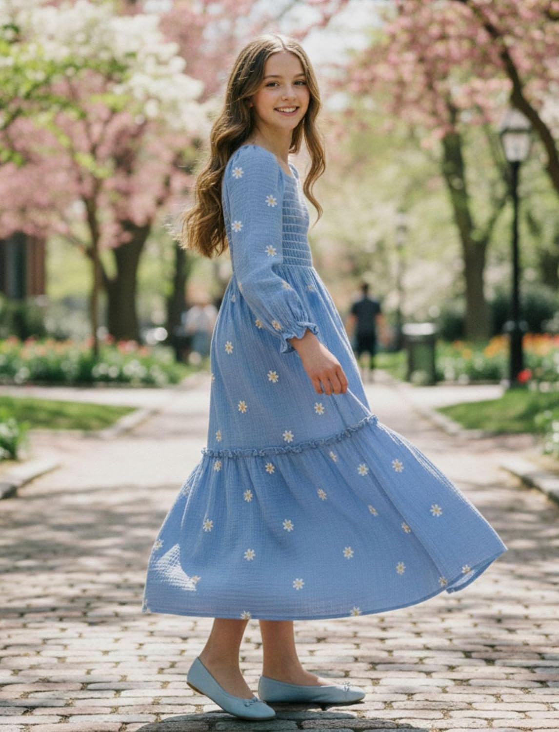 Sunny Spirit Girls Dresses Spring Maxi Tween Boho Floral Long Puff Sleeves Square Neck Embroidered Smocked Dresses 5-14 Years