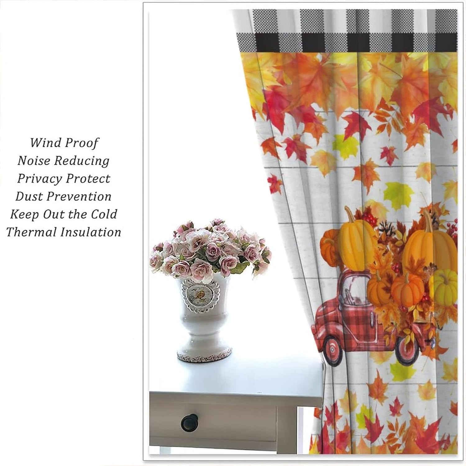 Vintage Autumn Truck Plaid Blackout Curtains for Bedroom,Check Plaid Farmhouse Pumpkin Fall Maple Leaves Window Curtains Rod Pocket 2 Panels 63L x 31.5W