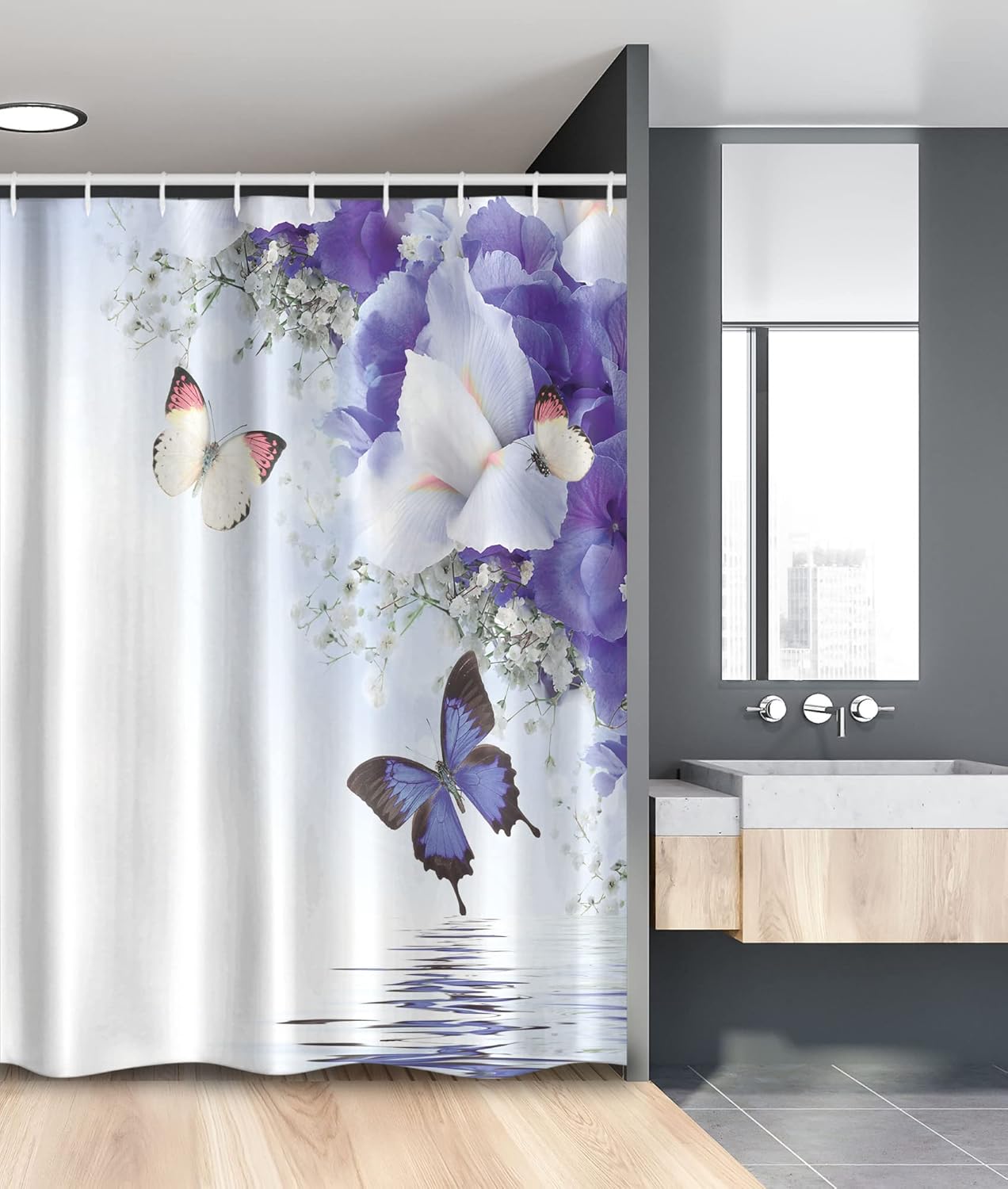 Ambesonne Butterfly Stall Shower Curtain, Butterflies Sailing on Sea Major Colorful Iris Flowers Inspired, Fabric Bathroom Decor Set with Hooks, 36" W x 72" L, Multicolor