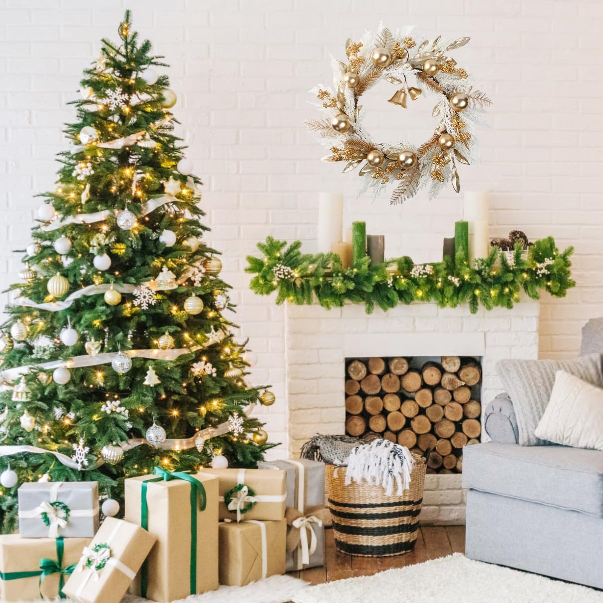 20" Gold Christmas Wreaths for Front Door, Gold Berry Leaves Bells Balls Xmas Wreath with White Fake Pampas Grass, Door Reef for Windows Fireplaces Walls, Front Porch Indoor and Outdoor - Image 6