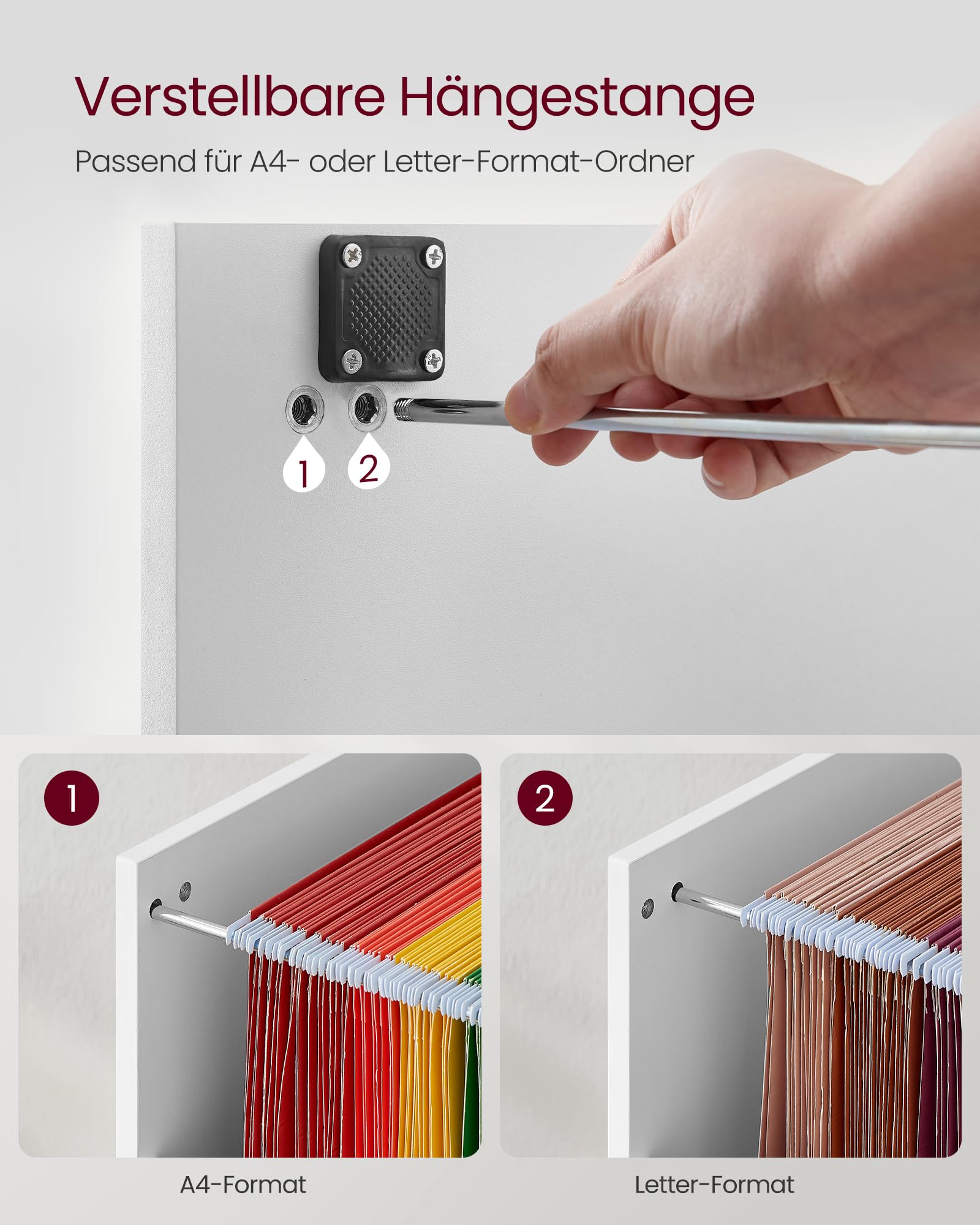 VASAGLE Custos Kollektion - Aktenschrank, Büroschrank für Homeoffice, Druckerständer, mit 3 abschließbaren Schubladen, verstellbare Hängestangen, für A4- und Letter-Formate, wolkenweiß OFC055WB01