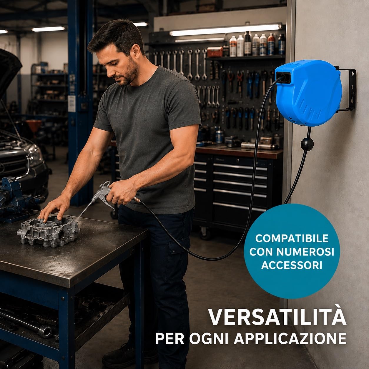 A.M.C. Enrouleur de tuyau d'air comprimé avec tuyau professionnel, raccord 1/4", fixation murale, système de verrouillage automatique, enrouleur automatique, accessoire compresseur, gain de place