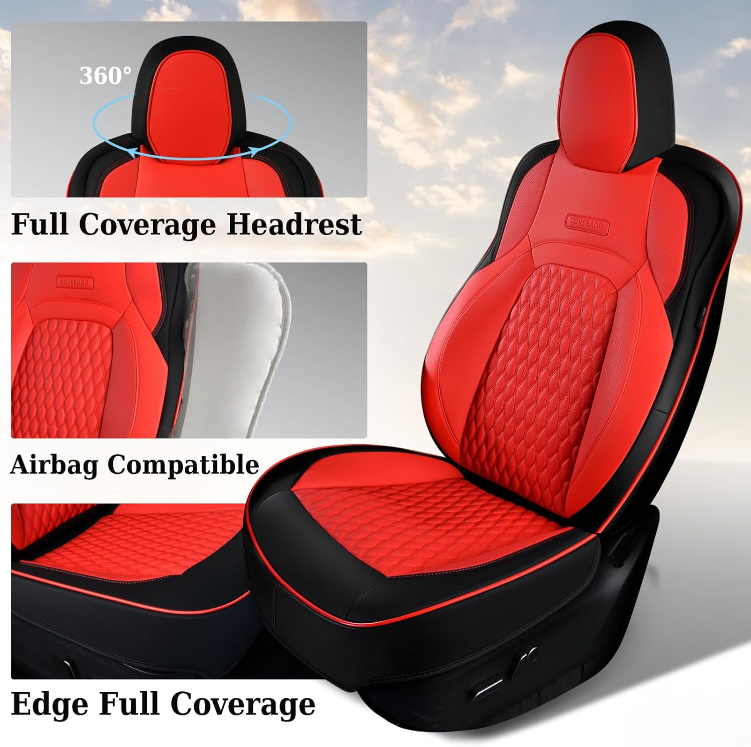 Coverado Front Seat Covers for Tesla Model Y, Car Seat Covers Front Seats, Front 2PCS Leatherette Car Seat Cover Seat Protector Custom for Tesla Model Y 2020 2021 2022 2023 2024 2025 BlackRed