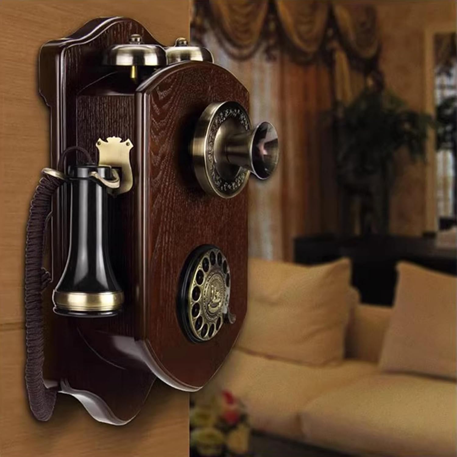 Naścienny telefon vintage – przewodowy design retro z tarczą ze stopu metalu i słuchawką w stylu antycznym do domu, biura, filmu i wystroju vintage