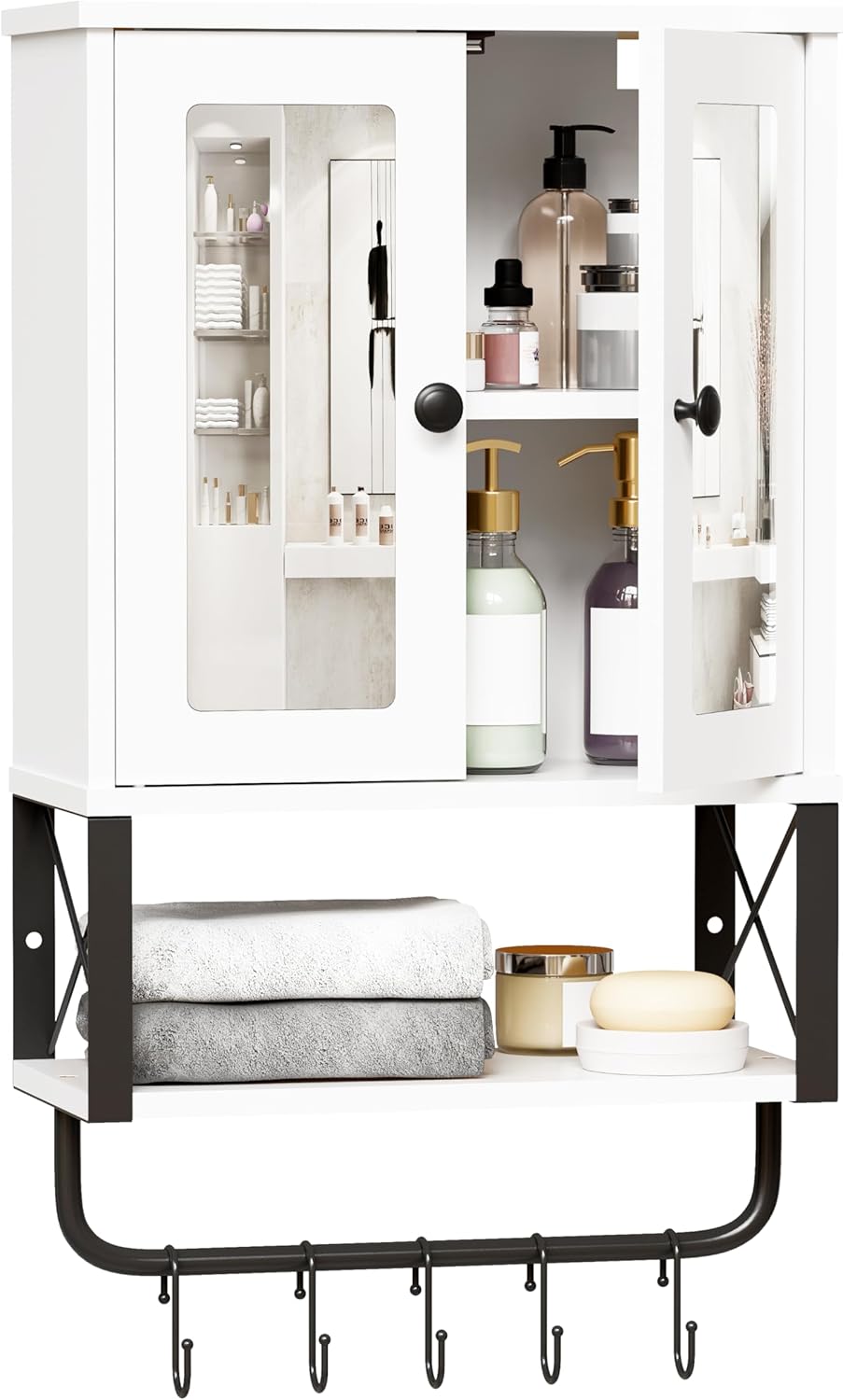 BEWISHOME Medicine Cabinet with Mirror, Wall Mounted Bathroom Storage Over Toilet, Towel Bar & Adjustable Shelf, 15.4"W x 24.4"H White YYG10W