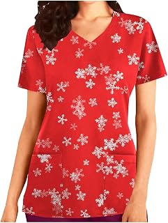 Christmas Shirt Scrub_top Women Short Sleeve V Neck Tunic Tops Pockets Holiday Cute Print Nurse Blouse Workwear