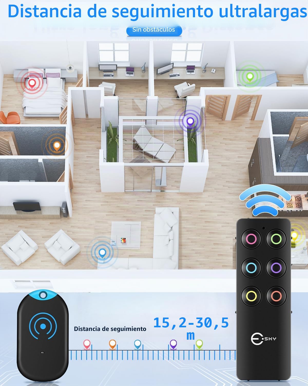 Esky Buscador Llaves, Localizador de Llaves 80dB Localizador Inalámbrico de Llaves con Base de Soporte y LED Control Remoto 1 Radio Frecuencia Transmisor 6 Receptores Negro