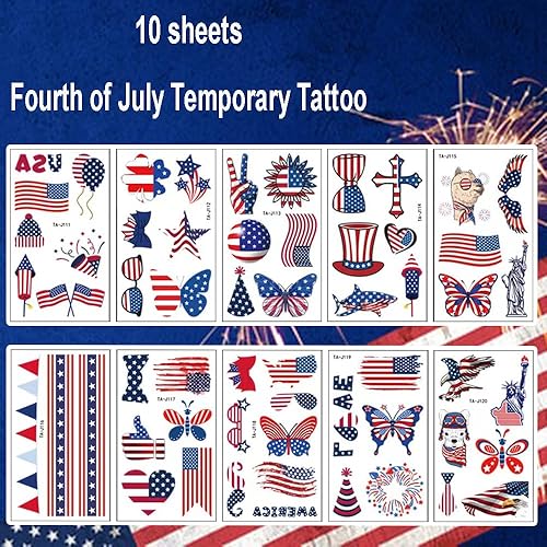 Miniatura 2 de Tatuaje temporal del 4 de julio, 10 hojas de calcomanías impermeables para el Día de la Independencia, bandera estadounidense, sombrero de águilas,