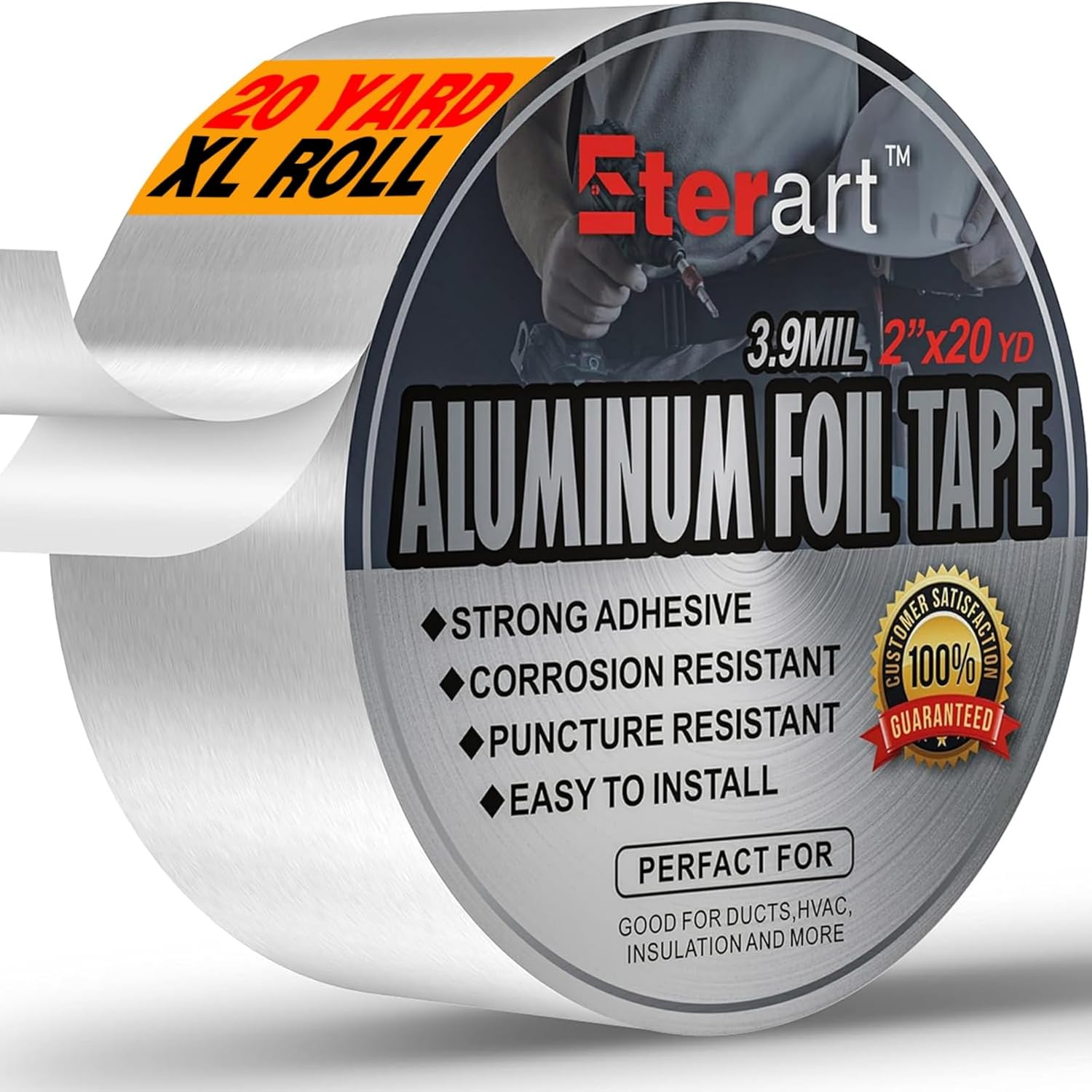 ETERART Aluminum Foil Duct Tape Heavy Duty,High Temperature Sealing and Patching,Perfect for HVAC,Air Ducts,Metal Repair,Foamboard,Insulation,Dryer Vent and More,2 Inches x 20 Yards,Silver