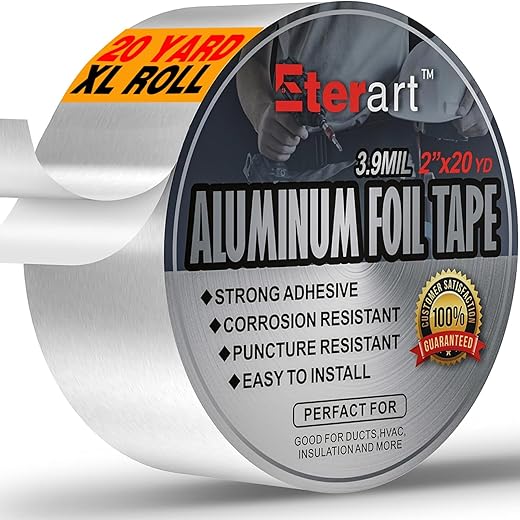 ETERART Heavy-Duty Aluminum Foil Duct Tape - 2" x 20 Yds, High-Temp Seal for HVAC, Dryer Vents & Insulation, Stops Air Leaks & Resists Extreme Heat for Home Repair, Silver