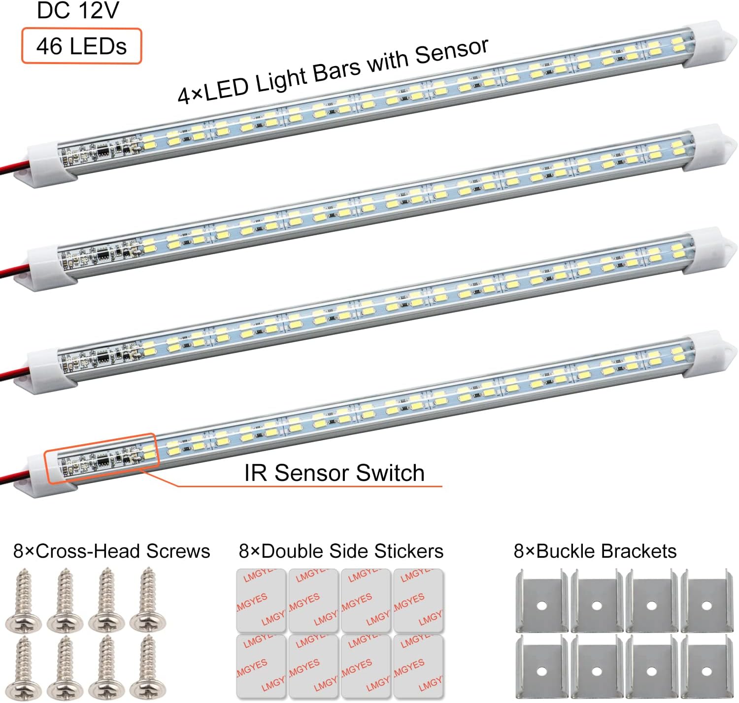 12V Interior LED Light Bar with Touchless Sensor Hand Wave Activated 12V LED Light Strip for Car,7000K White DIY Cabinet LED Light Strip for Trailer,Motorhome,Van,RV,Truck,Store(4 Pack)