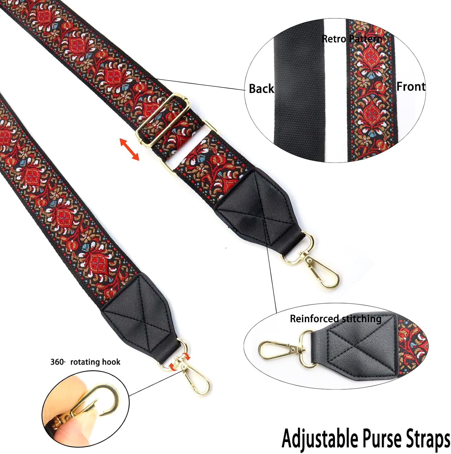 Adjustable Bag Strap for Women, 2" Wide,53.5" Longth, Silver Hardware Vintage Embroidery Strap, Compatible with Purses and Handbags