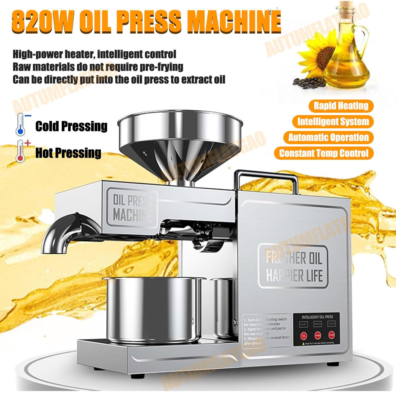 820-W-ölpresse Für Kalt- Und Heißpressung, Automatische ölpresse Für Den Gewerblichen Und Privaten Gebrauch, Für Kokosnuss, Leinsamen, Erdnuss, Rizinus, Raps Und Sesamöl