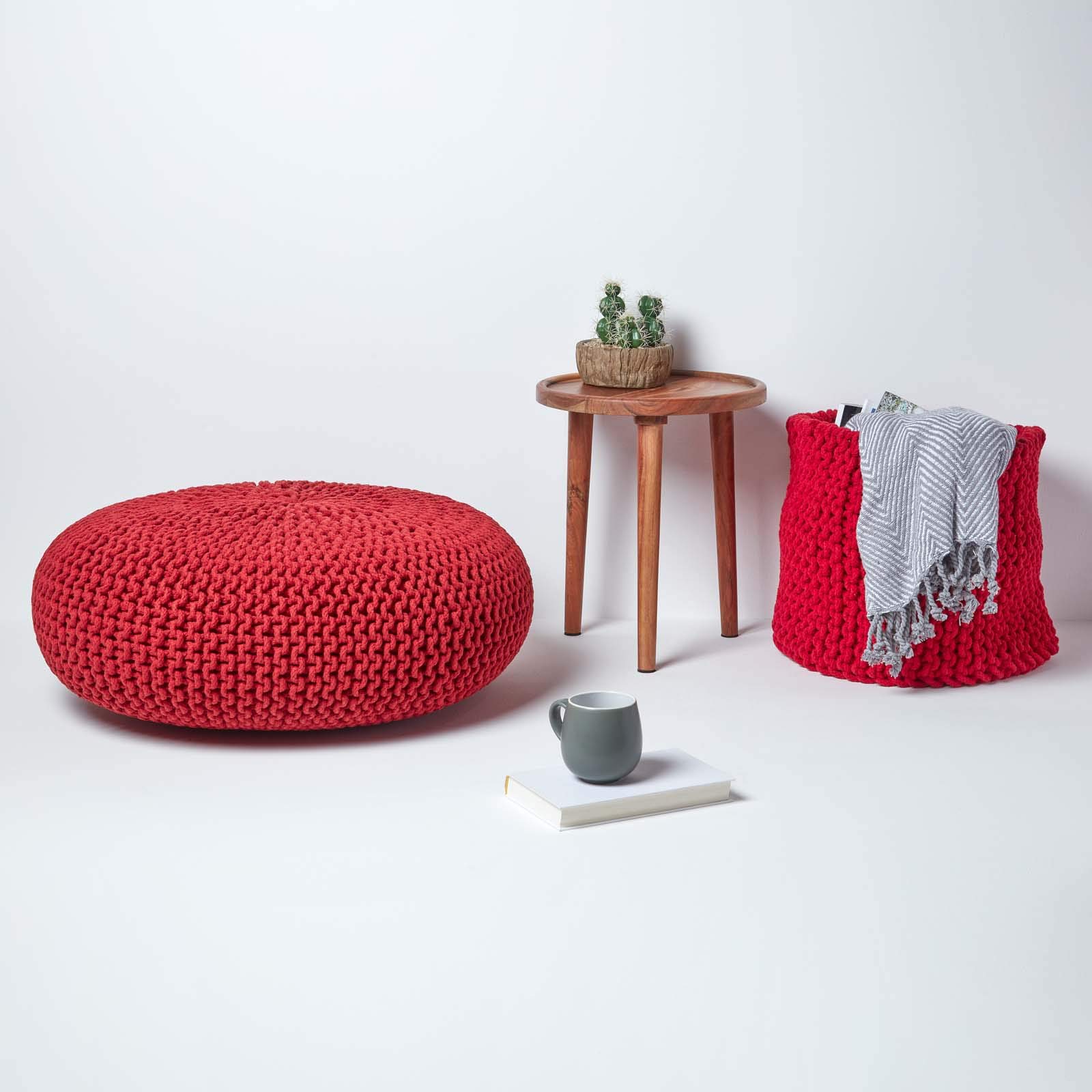 Homescapes Pouf Strickpouf rundes Bodenkissen, Sitzpouf 70 x 23 cm, gepolsterter Sitzhocker, Sitzpuff/Puff mit grob gestricktem Bezug aus 100% Baumwolle, Strickpuff, rot