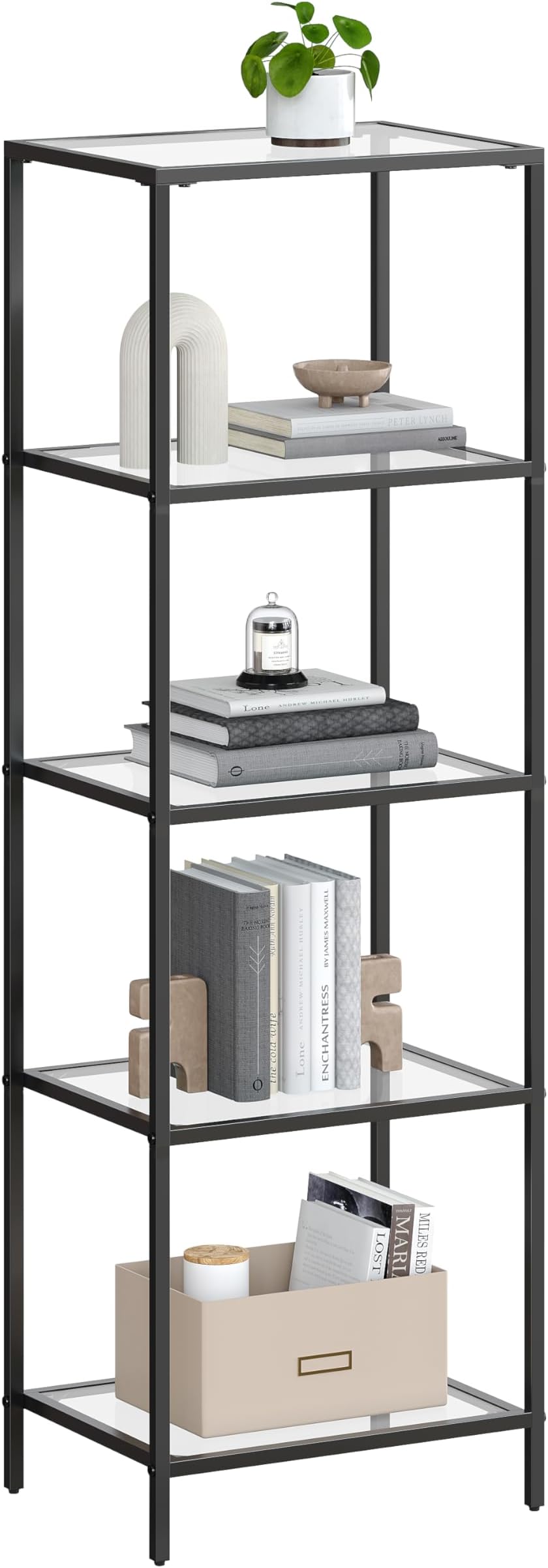 VASAGLE5 Tier Kitchen Cabinet Shelf Bathroom Column Storage for Living Room Bedroom Office Tempered Glass Steel Frame Black LGT029B61