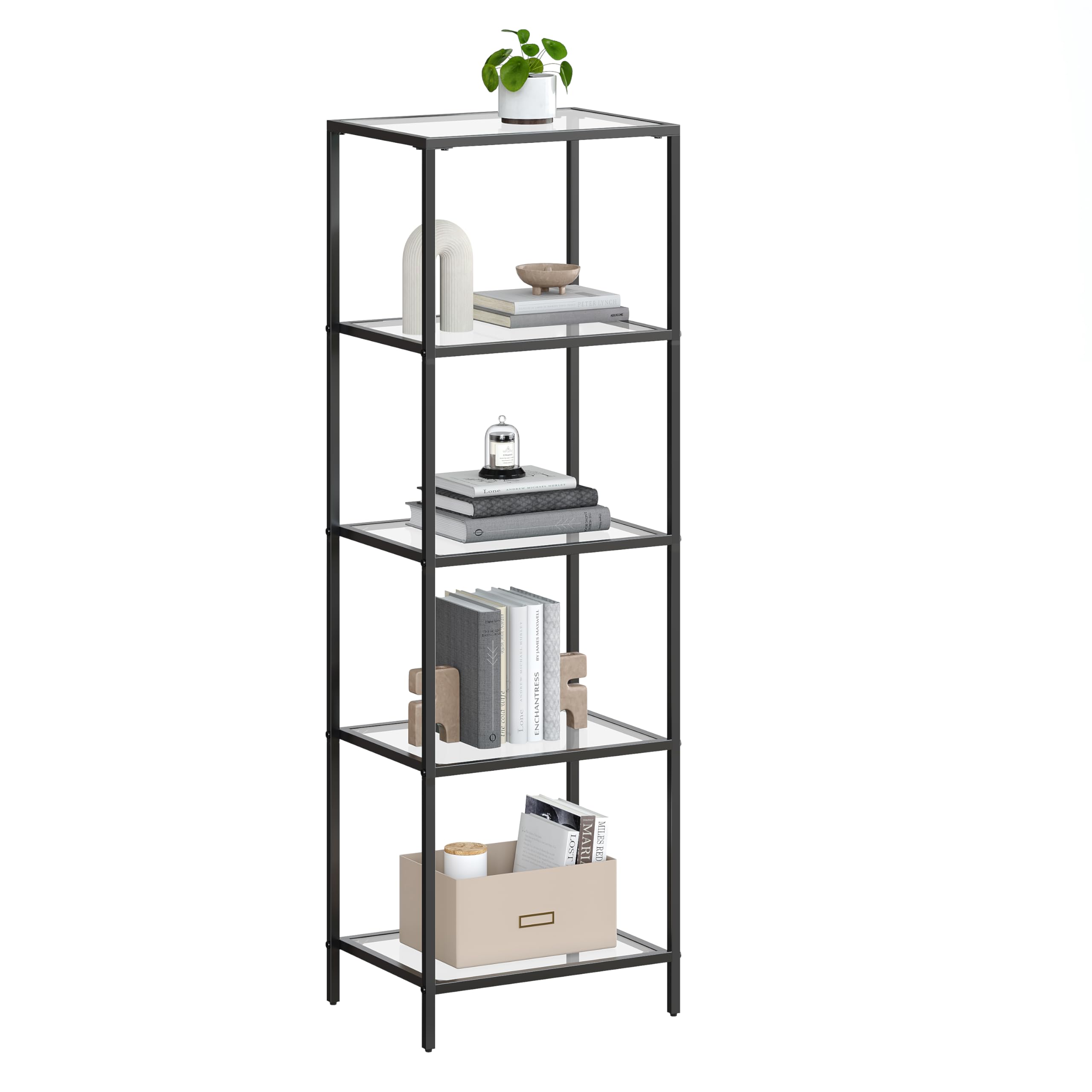 VASAGLE 5 Tier Kitchen Cabinet Shelf Bathroom Column Storage for Living Room Bedroom Office Tempered Glass Steel Frame Black LGT029B61