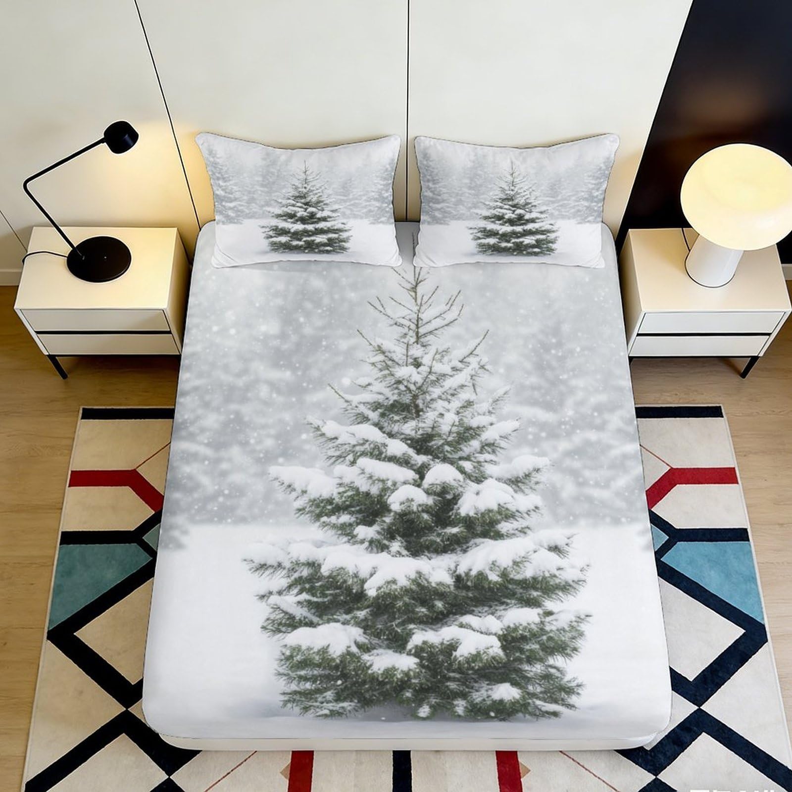 3D Printed Snowy Pine Tree Fitted Sheet Microfiber Soft Breathable Winter Forest Mattress Cover for Bedroom Dormitory Guest Room Protection Decor 140x200x25cm