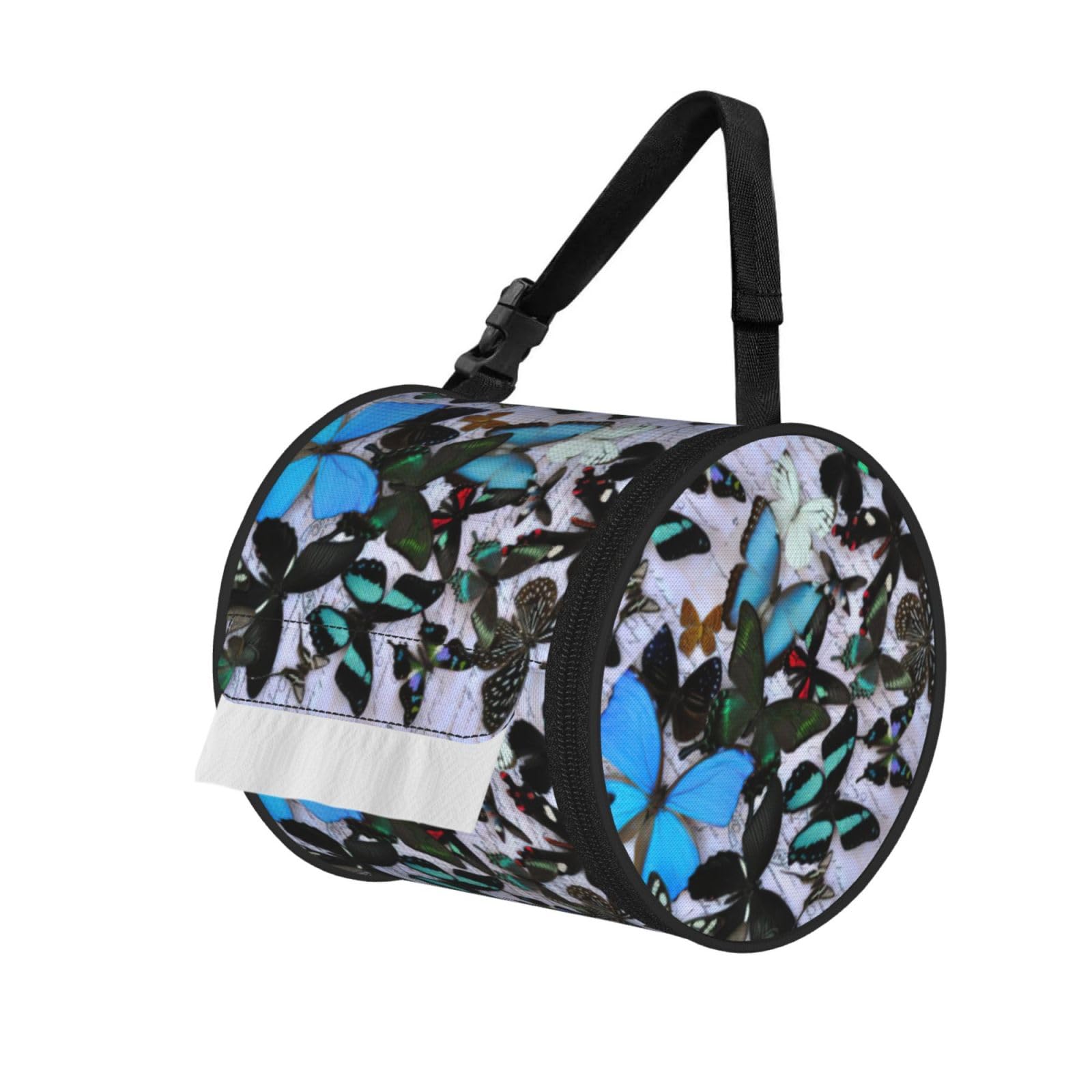 Jiuty Black Butterfly Print Cylinder Tissue Organizer Bag With Strap, Portable Toilet Roll Holder For Camping Car