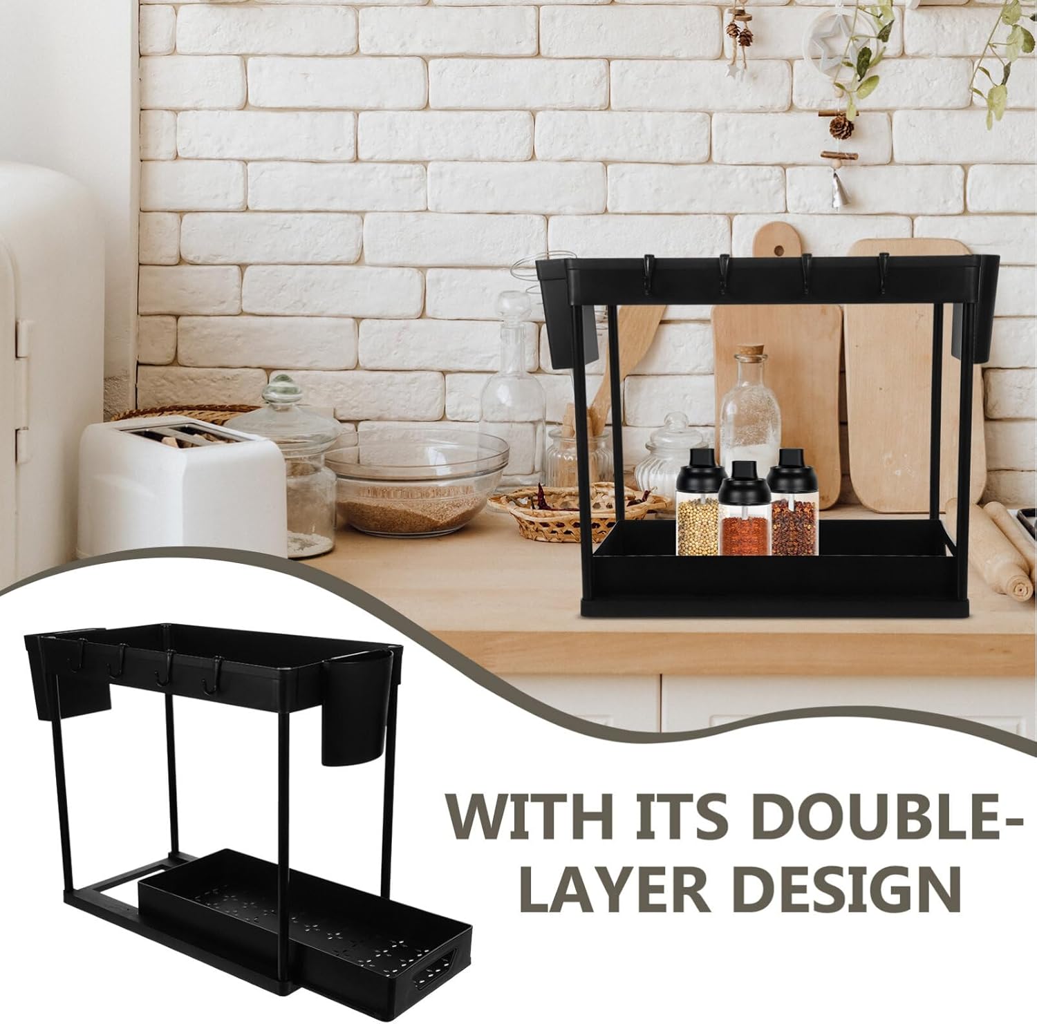 Alipis 2tier Dual Counter Condiment Holder Pull-out under Sink Organizer for Kitchen Maximizes Storage Space Sliding Design for Spice Bottles and Jars