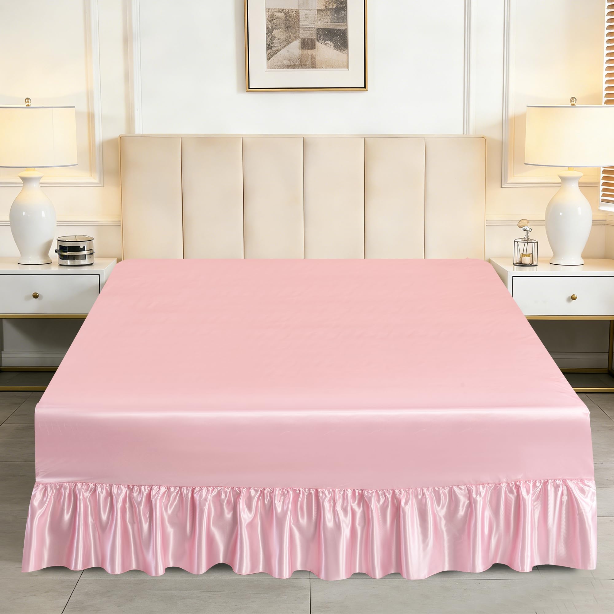 Satin Valance Sheet for Divan Base – Smooth Luxury Satin Fitted Sheet with 30cm Box & Bed Skirt with 35cm Drop Soft Easy Care Silky Bedding for UK Beds (Baby Pink, Single)