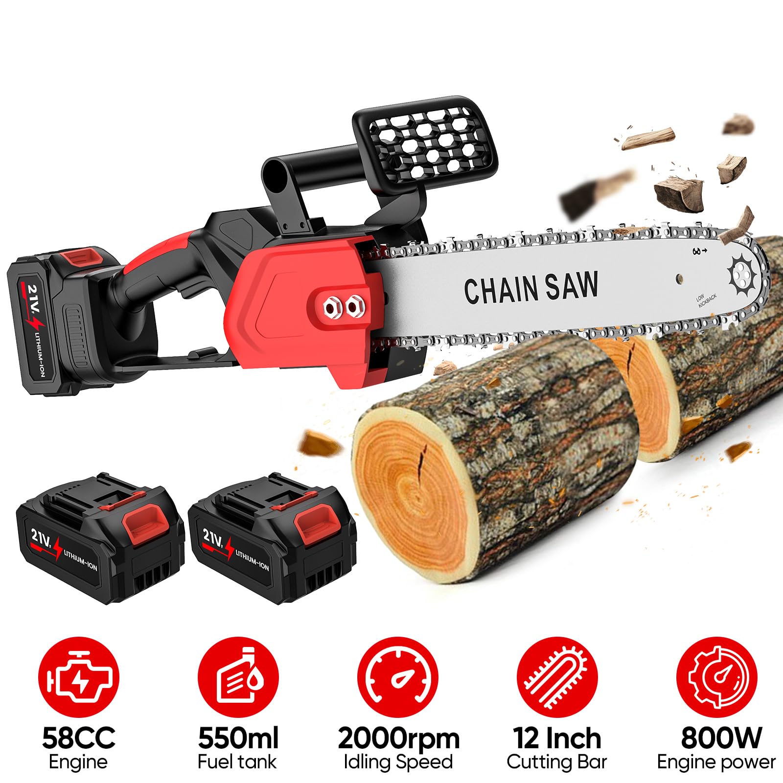 Motosierra de batería de 12 pulgadas, motosierra eléctrica inalámbrica con 2 x 1300 mAh baterías, lubricación automática, 2 cadenas, motosierra 800 W para madera y jardín
