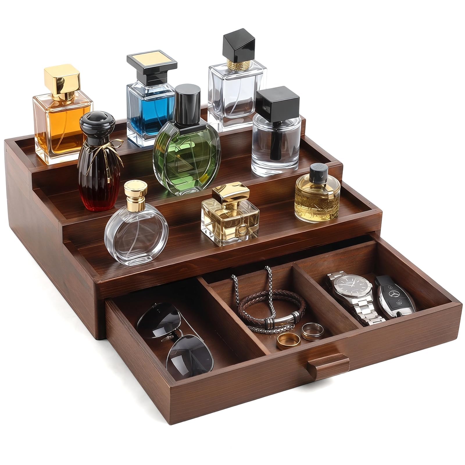3 Tier Wooden Cologne Organizer with Drawer and Hidden Compartment