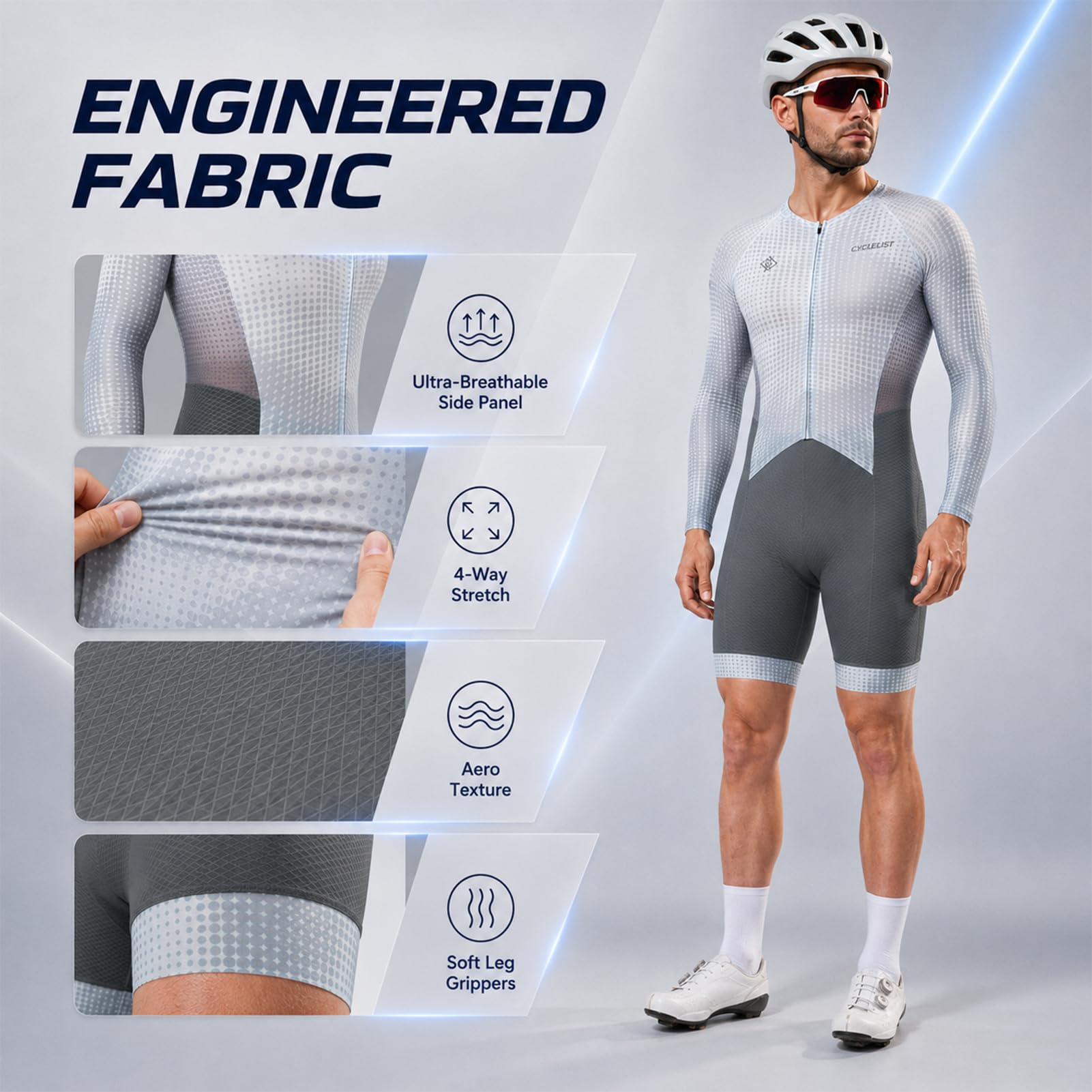 Tuta Ciclismo Uomo Manica Lunga – Aero, Fondello Alta Densità | Traspirante, asciugatura rapida, 3 tasche posteriori, UPF 50+, protezione UV, per ciclismo su strada & triathlon