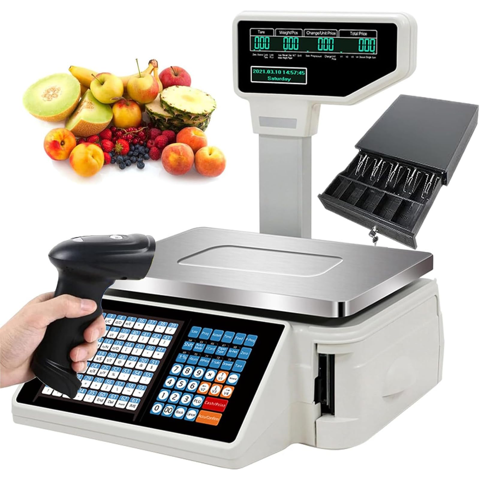 Bilancia Pesa Prezzo Con Stampante Etichette Bilancia Portatile per Grammi,Doppio Display Anteriore Posteriore,Per Pesatura Di Superme (Macchina+Scanner+Cassa)