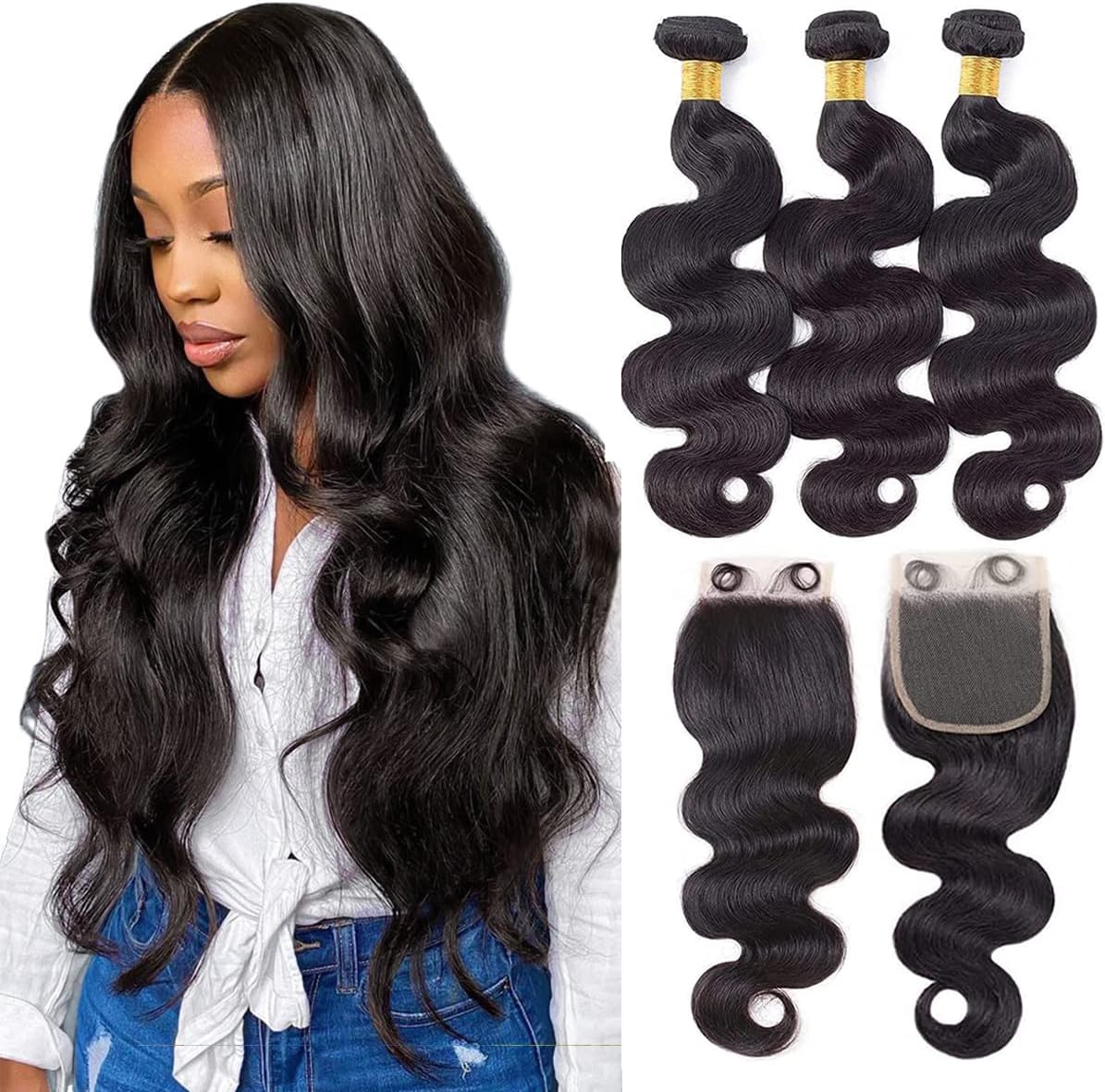 Body Wave (20" 22" 24") Weave Brazilian Hair Bundles with 18 Inch Three Part 4x4 Lace Closure 100% Unprocessed Brazilian Virgin Body Wave Human Hair Natural Color Weave for Women 4x4 Human Hair Wigs…