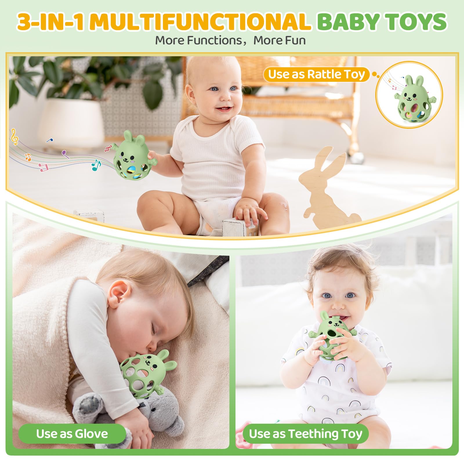 Orzbow Multiuso Massaggia Gengive Neonati Freezer, Silicone Sonaglio Neonato 0-3-6-9 mesi, Giochi Montessori con Design Openwork, Leggeri, Traspiranti, Facile Impugnare & Pulire, Verde Oliva