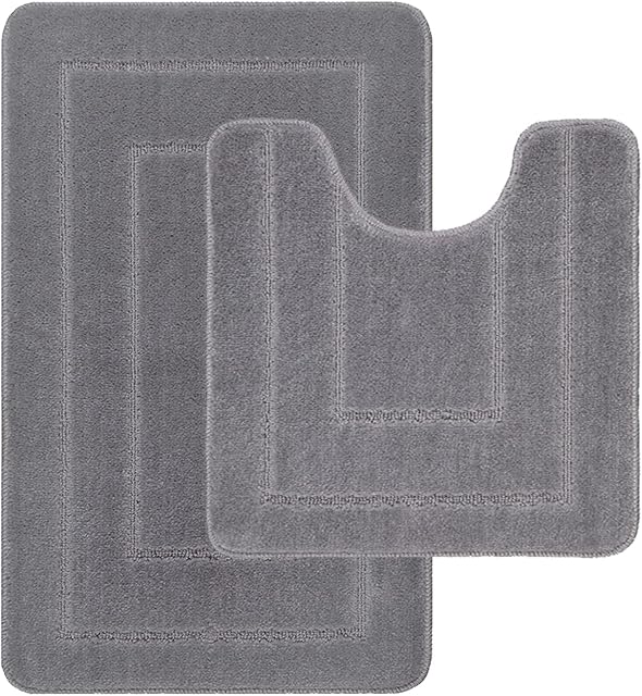 LifeStyle Comfort Ltd Non Slip Bath Mat 2 Piece Ichra Extra Soft Water Absorbent Bathroom Mats 100% Polypropylene Washable Pedestal Bath Rug Shower Bath Mat Bathroom Rug for Toilet (Grey)