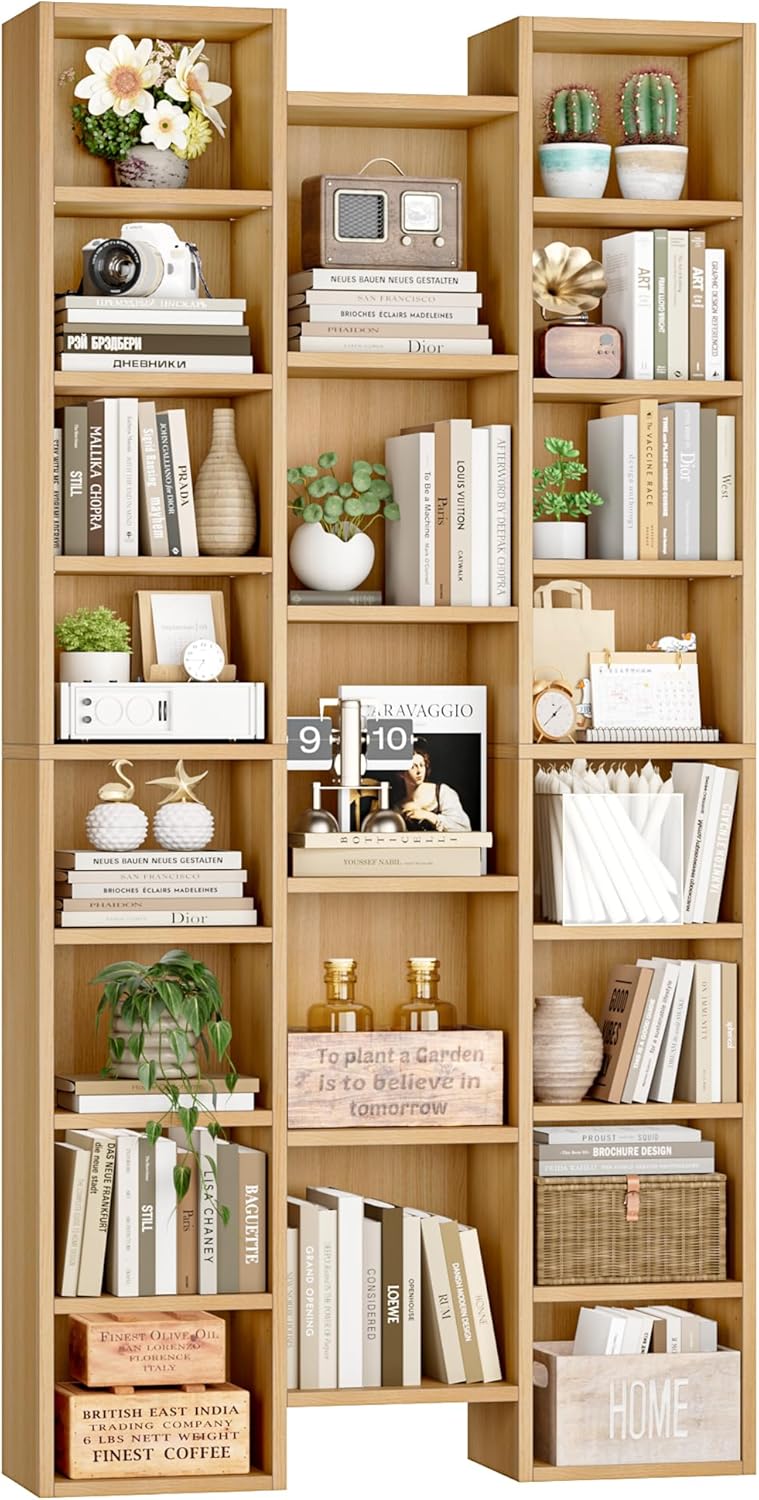 FOTOSOK 71'' Tall Bookshelf with 21 Cubes, 8 Tier Triple Wide Bookshelf with 8 Adjustable Shelves, 35" Wood Bookcase DVD/CD Media Tower Storage, Freestanding Display Shelf Cabinet, Natural
