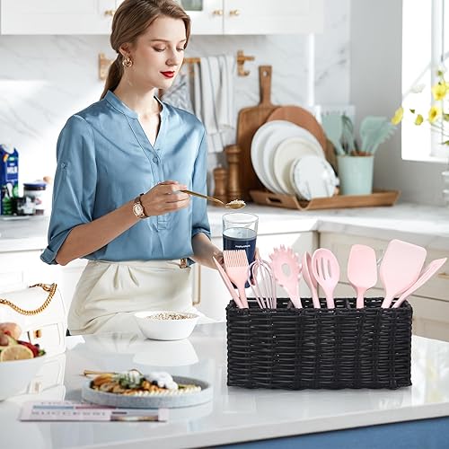 Miniatura 5 de Ayiaren Soporte de cubiertos de mimbre, organizador de cubiertos negro, organizador de cubiertos para encimera, fiesta, utensilios de cocina,