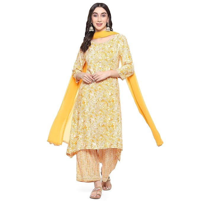 BIBA Women Rayon Straight Suit Set – Yellow