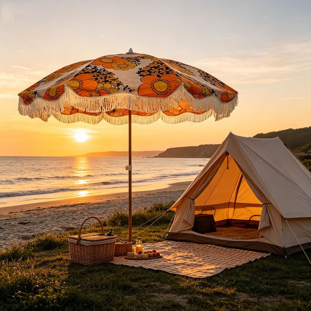 200 cm Parasol Ogrodowy w Boho z Frędzlami, Vintage Odchylany Parasol Ogrodowy, Baldachimem z Nadrukiem do Basenów Plażę