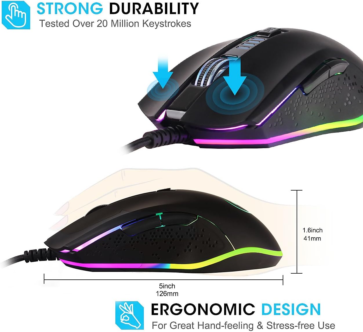 NPET M20 Gaming Mouse highlighting durability and ergonomic design.