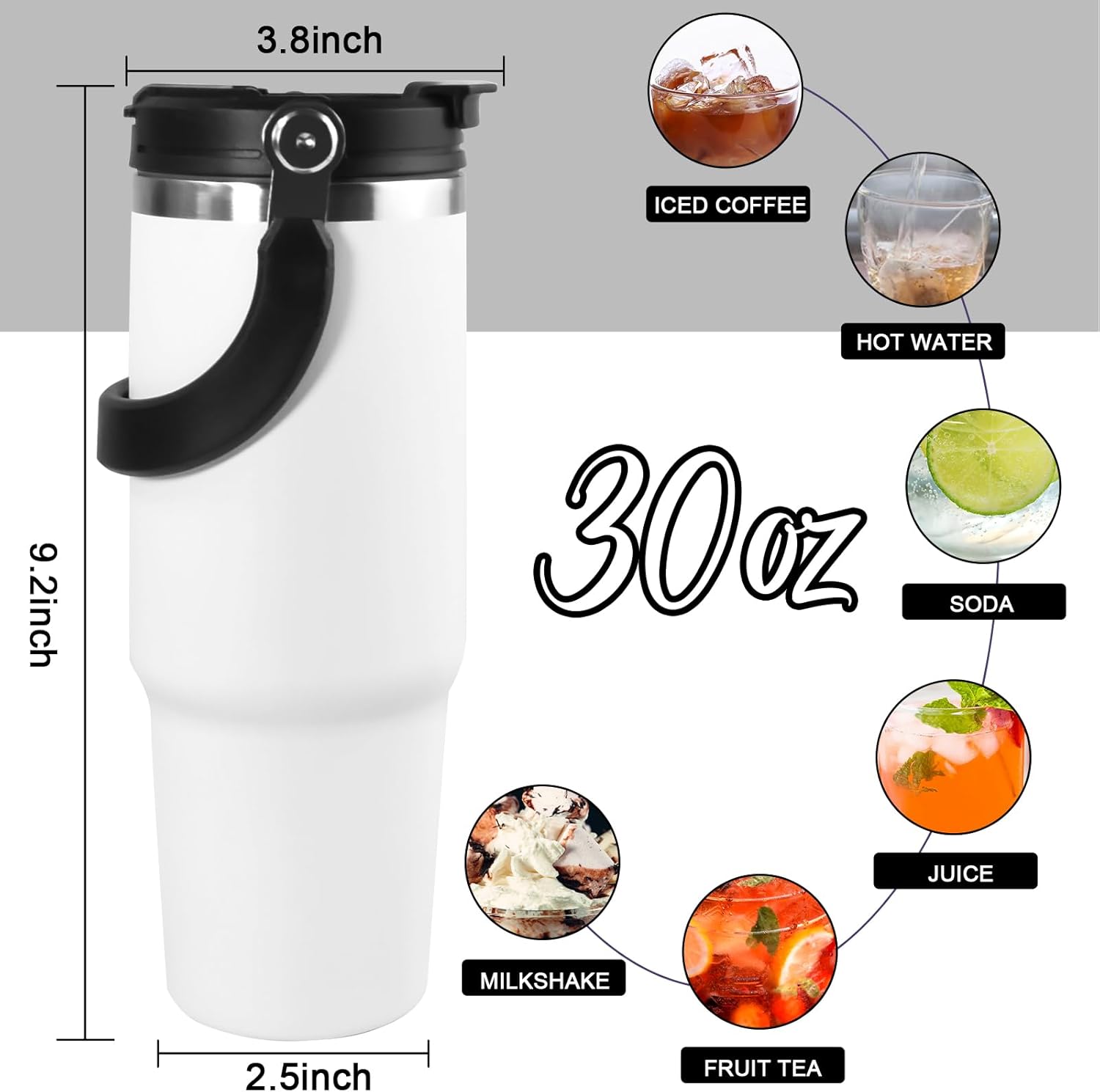 30 oz Tumbler with Handle and Straw Lid, Double Walled Vacuum Insulated Water Bottle Leakproof Tumbler Travel Coffee Mug Thermal Cup, Cupholder Friendly for Office, Home, Sport, White - Image 2