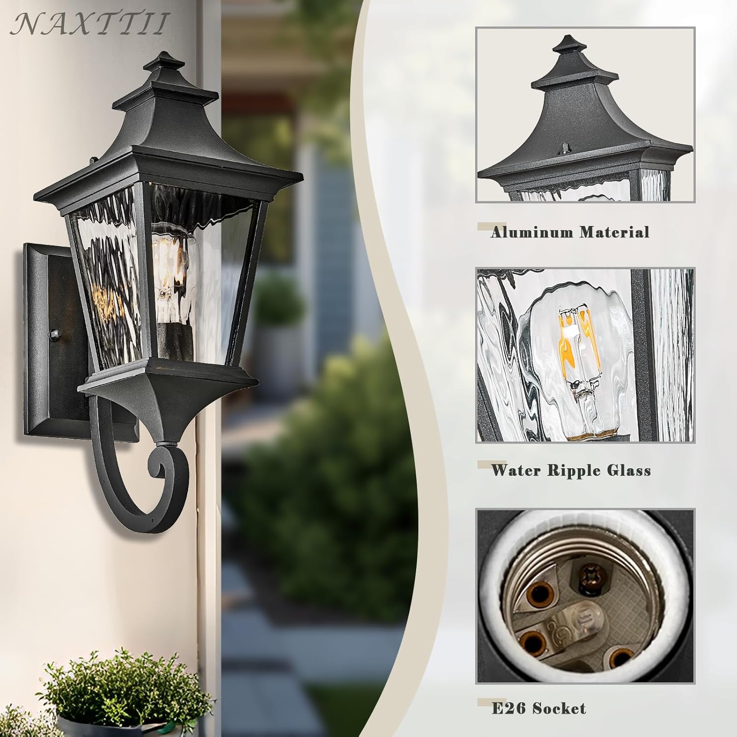 2-Pack Porch Lights Outdoor Wall Lighting Fixtures with Water Ripple Glass Large Garage Outdoor Wall Lamp E26 Socket and Waterproof