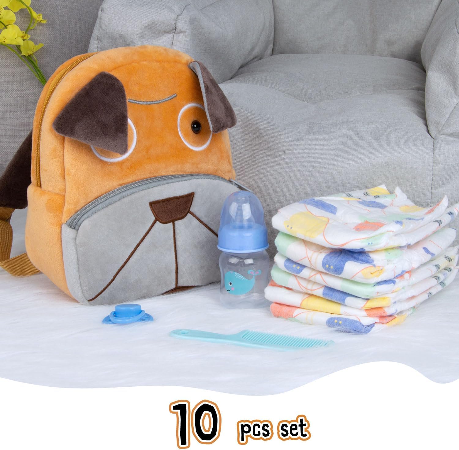 10 Pcs Reborn Baby Doll Diaper Bag Care and Feeding Set with Puppy Backpack Diapers Pacifier Bottle Comb for 17-24 inches Reborn Dolls Accessories Newborn Baby