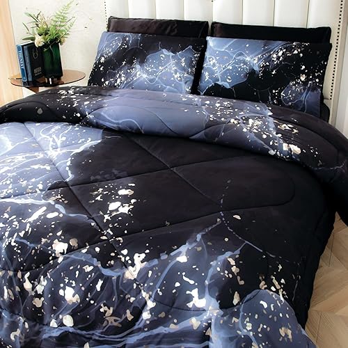 Miniatura 8 de Juego de edredón de mármol negro tamaño Queen, 5 piezas (1 edredón + 2 fundas de almohada + 2 fundas de almohada de seda), elegante diseño de