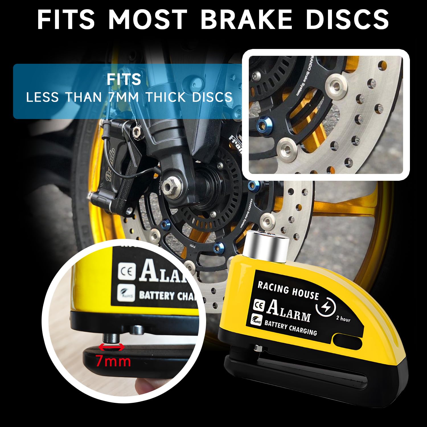 QUMOX Allarme Blocco Disco Freno Moto Antifurto Ricaricabile Impermeabile 110 dB Perno 7 mm Cavo promemoria 1,5 m per Moto, Bici, Scooter Custodia per il trasporto
