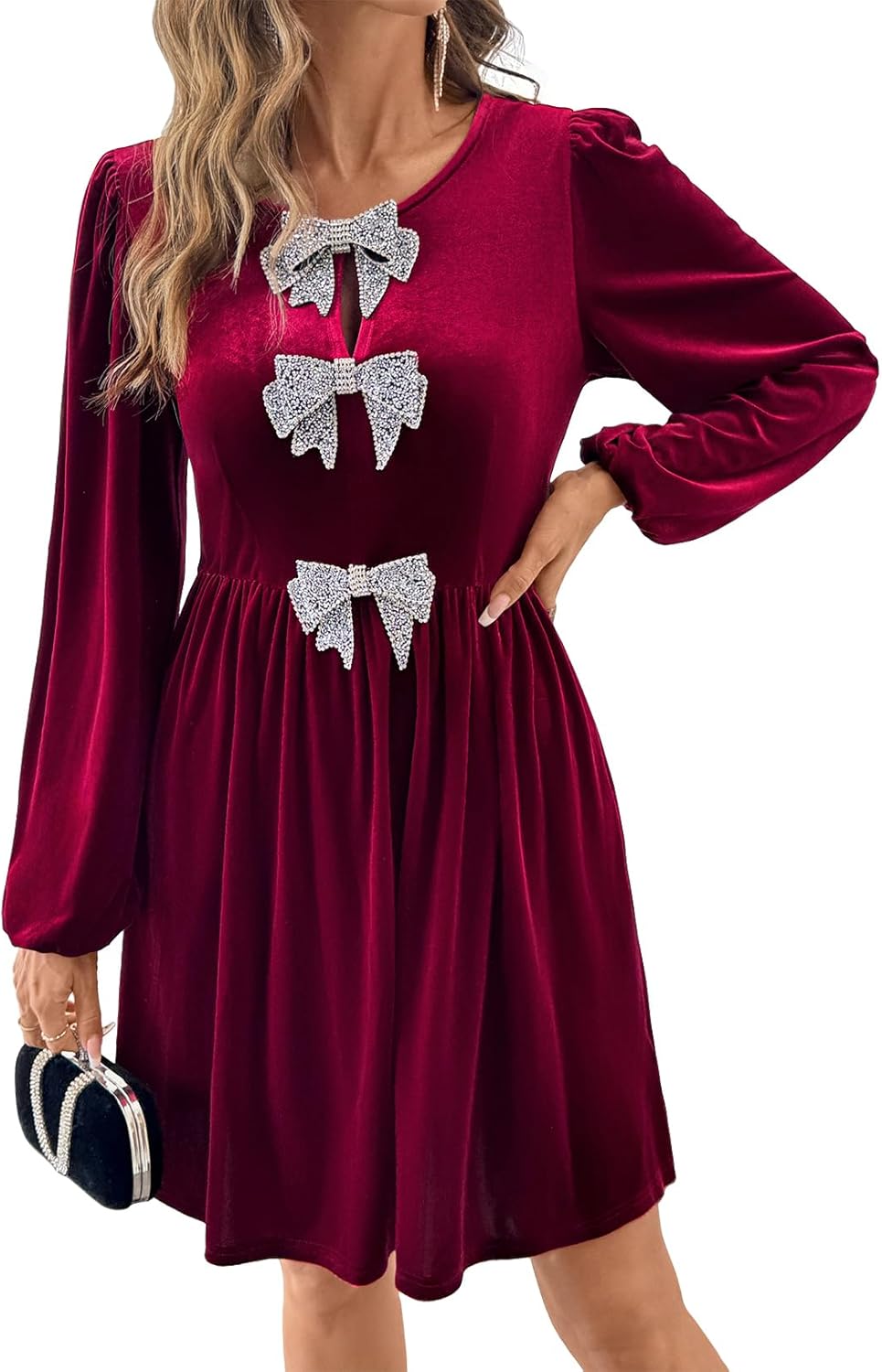 Happy Sailed Womens Velvet Dress Fall Winter Long Sleeve Bowknot High Waisted A Line Cocktail Dresses for Wedding Guest - Image 4
