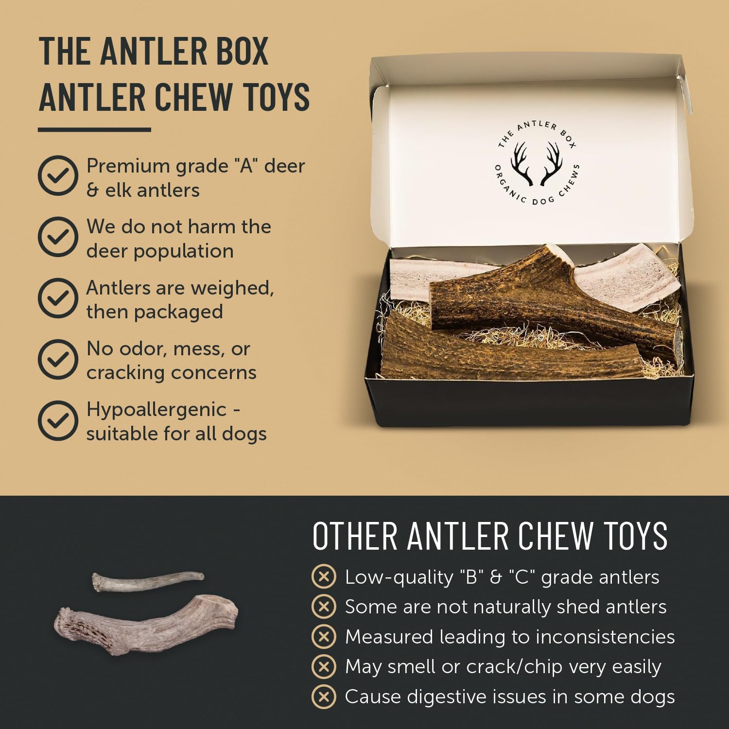 The Antler Box Premium Elk Antler Dog Chews (1 Pound Box) (Large (3 Pieces) Split Only)